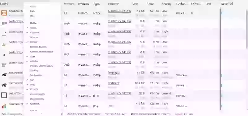 chrome devtools network select columns